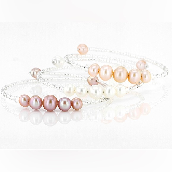 Sterling Silver Cultured Freshwater PEARLS, White, Lavender, Peach THREE Bangles - Picture 2 of 6